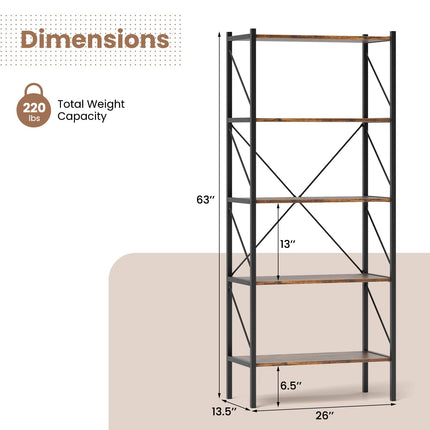 Dreamade 5-Tier Bookshelf, Industrial Tall Bookcase with Open Storage Shelves & Heavy Duty Metal Frame