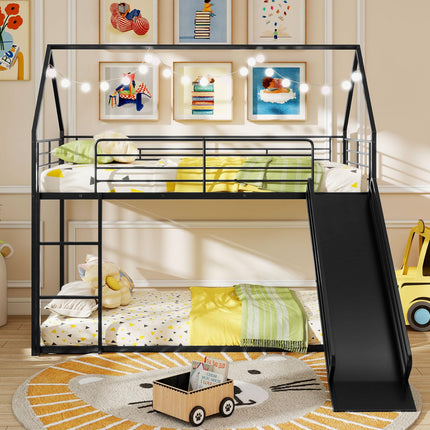 Dreamade Twin Over Twin Bunk Bed with Slide & Ladder House-Shaped Metal Bunk Bed Frame with Safety Guardrail & Roof