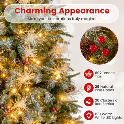 Dreamade 5FT / 6FT / 7FT Pre-Lit Artificial Christmas Tree with LED Lights Pine Cones Berries