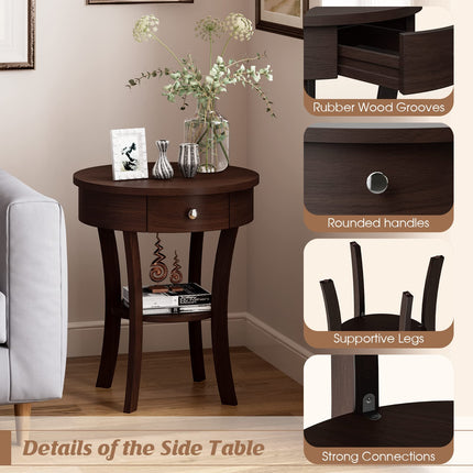 Dreamade Round End Table with Drawer, 2-Tier Wood Side Table w/Open Shelf