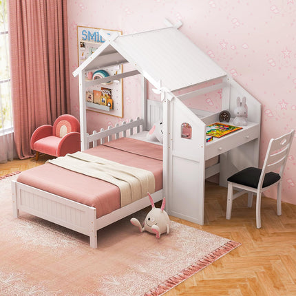 Dreamade Twin House Bed with Desk & Chair, Wood Kids Playhouse Bed with 2 Drawers