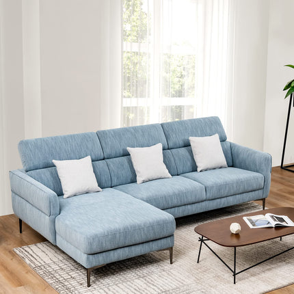 Dreamade L-Shaped Sofa Couch, 3-Seat Upholstered Sofa with Wide Chaise Lounge, Adjustable Headrest, Blue