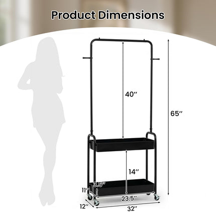 Dreamade Heavy-Duty Rolling Clothes Rack with 2 Storage Baskets & Side Hooks