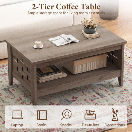 Dreamade 2-Tier Farmhouse Coffee Table with Open Shelf and Woven Decorations for Living Room