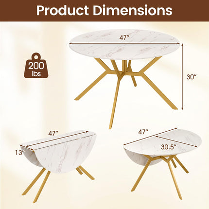 Dreamade Folding Dining Table for 4-6 People 47" Round Drop Leaf Table with Metal Frame