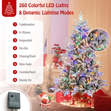 Dreamade 6ft Pre-Lit Snow Flocked Christmas Tree, Artificial Hinged Full Xmas Tree with 260 Multicolored LED Lights