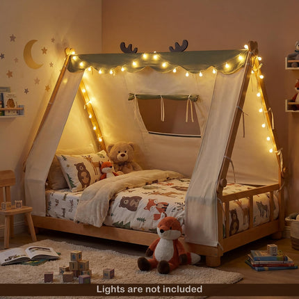 Dreamade Twin Size House Floor Wood Bed with Tent