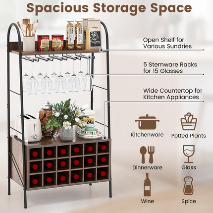 Dreamade 18-Bottle Wine Rack Freestanding Floor, Kitchen Baker’s Rack w/ 15 Glasses Holder, Rustic Brown