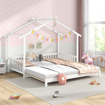 Dreamade Extendable House Bed for Kids, Twin to King Daybed with Roof & Fence Rails, Wood Kids Bed Frame for Teens