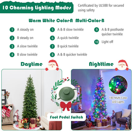 Dreamade 5ft Pre-Lit Pencil Christmas Tree, Hinged Artificial Slim Tree with 390 PVC PE Branch Tips