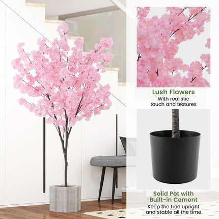 Dreamade 6.5FT Artificial Cherry Blossom Tree, Pink Fake Flower Tree, Faux Floral Plant Blooming Tree in Cement Pot