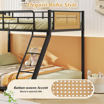 Dreamade Twin Over Full Metal Bunk Bed, Boho Rattan Floor Bunkbeds
