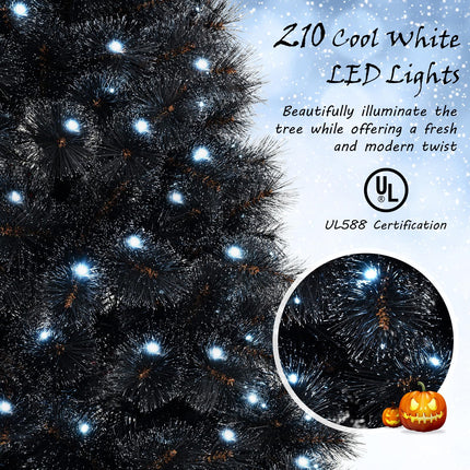 Dreamade 6/7/8 ft Pre-Lit Black Halloween Christmas Tree, Artificial Hinged Xmas Full Tree with 362/572/860 Pine Needles & PVC Branch Tips