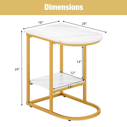 Dreamade C Shaped End Table with Faux Marble Tabletop and Storage Shelf