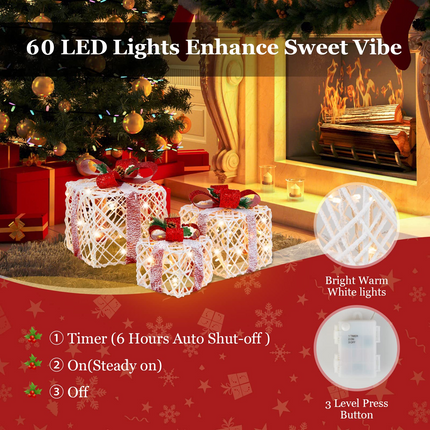 Lighted Gift Boxes Christmas Decoration, Set of 3 White Present Ornament Boxes with 60 LED Lights - DreamadeUS