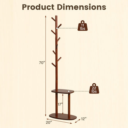 Dreamade 70" Solid Wood Clothing Rack with 8 Hooks and 2 Storage Shelves