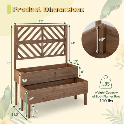 Dreamade Raised Garden Bed with Trellis, 2-Tier Wooden Planter Box with Legs and Drain Holes (Brown)