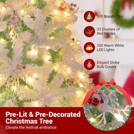 Dreamade 6FT / 7FT Hinged Lighted Xmas Tree with Snow Flocked Branch Tips & LED Lights