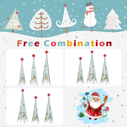Dreamade Set of 3 Tower Shaped Christmas Trees (3ft/3.5ft/4ft), Artificial Xmas Metal Trees with Removable Star Toppers & Reindeer