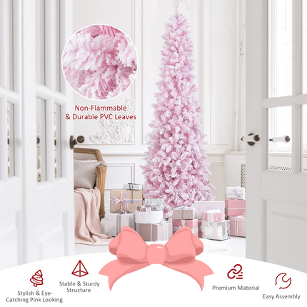 Dreamade 7ft Pre-Lit Pencil Christmas Tree, Snow Flocked Artificial Slim Tree with 800 Branch Tips - DreamadeUS