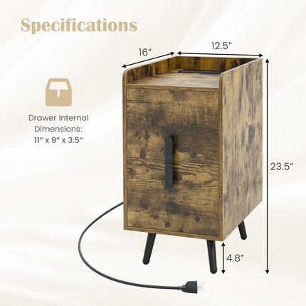 Dreamade Nightstand with Charging Station, Narrow End Table with 2 Drawers & Metal Gold Legs