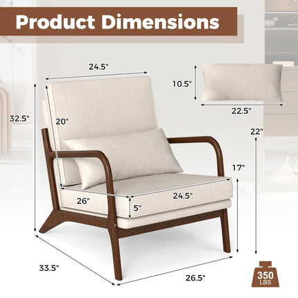Dreamade Mid Century Modern Accent Chair, Upholstered Armchair with Pillow, Rubber Wood Armrests & Legs