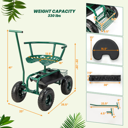 Dreamade Garden Cart, Rolling Workseat with 4 Wheels, Tool Tray, Removable Cushion, Storage Basket