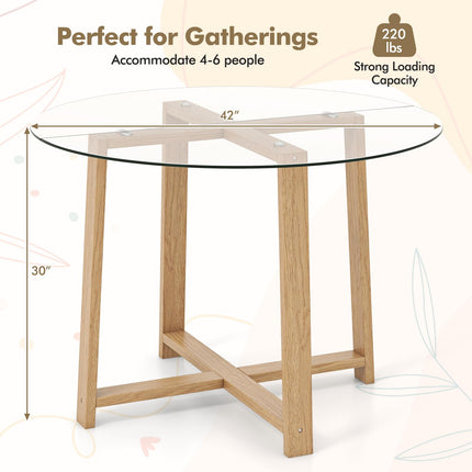 Dreamade 42” Round Dining Table for 4, Kitchen Table with 0.3” Tempered Glass Tabletop, Rubber Wood Legs