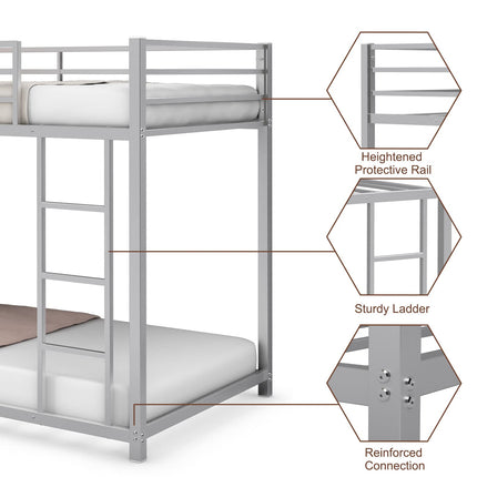 Dreamade Metal Bunk Bed Twin Over Twin, Low Profile Bunk Bed Frame with Ladder & Full Length Guardrail