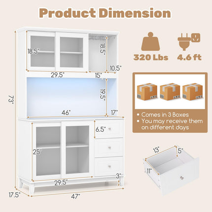 Dreamade 73" Kitchen Pantry Storage Cabinet, Hutch Cabinet with LED Lights & Power Outlet, Kitchen Buffet Cabinet w/Wine Glass Racks