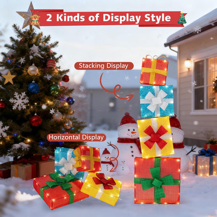 Dreamade 4 Ft Lighted Gift Boxes Stackable, Pre-lit Xmas Boxes Decoration w/LED Lights