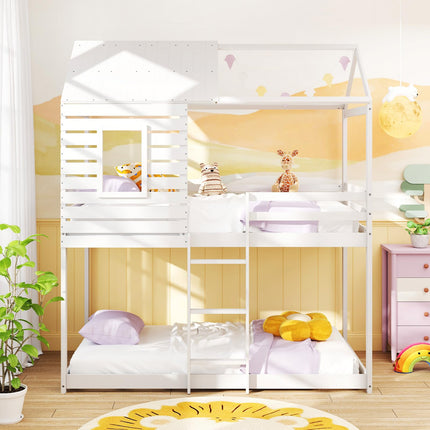 Dreamade White Wood Bunk Bed Twin Over Twin with Ladder and Guardrail