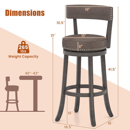 Dreamade 31" Bar Stools Set, Swivel Bar Height Bar Chairs with Footrest, Rubber Wood Frame