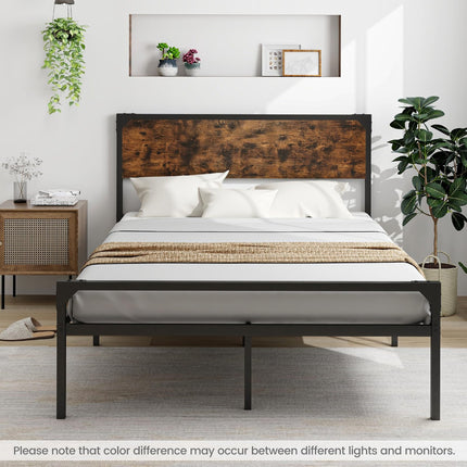 Dreamade Full Size Bed Frame with Rustic Headboard & Footboard, Strong Metal Slat Support Mattress Foundation