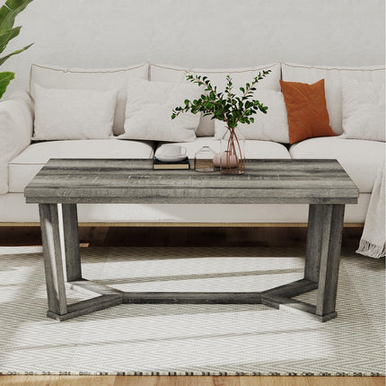 Dreamade Farmhouse Wood Coffee Table with Cross-Shaped Base & Rubber Wood Frame