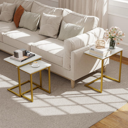 Dreamade Nesting Coffee Table Set of 3 Stackable Square End Table w/Faux Marble Tabletop & Heavy-Duty Metal Frame