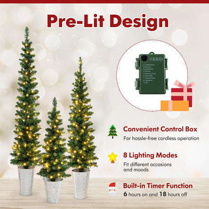 Dreamade 3' 4' 5' Pre-Lit Artificial Christmas Tree Set of 3, Slim Pencil Potted Xmas Tree with 423 Branch Tips, 230 Warm White LED Lights