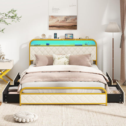 Dreamade Queen/Full/Twin Size Bed Frame with 4 Storage Drawers and Charging Station