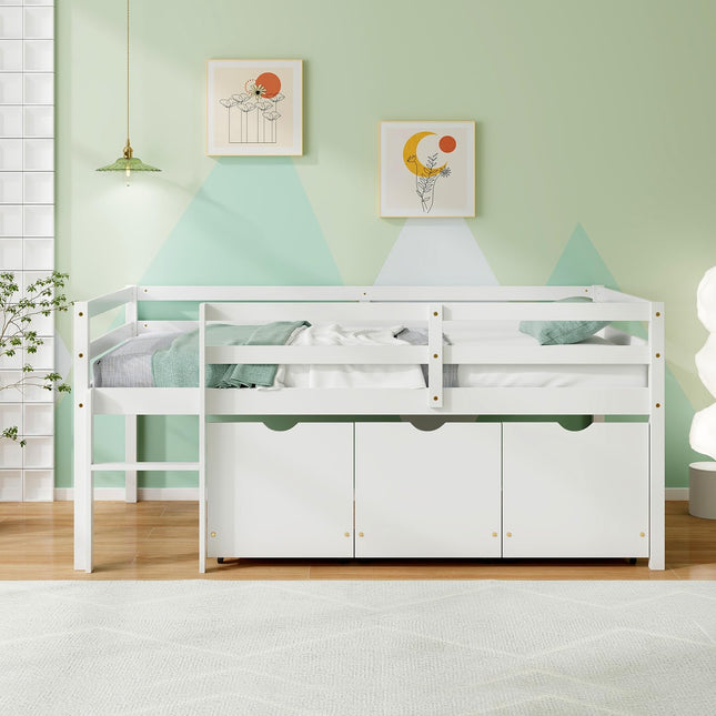 Dreamade Twin Low Loft Bed with 3 Drawers, Wooden Loft Bed Frame with Ladder & Full-length Guardrails