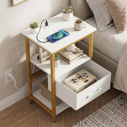 Dreamade Nightstand with Charging Station and Adjustable Fabric Drawer for Bedroom and Living Room