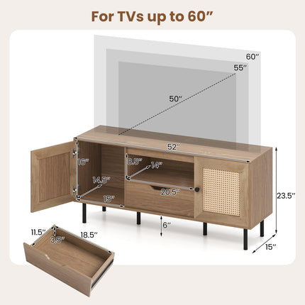Dreamade Boho TV Stand for 50-60 Inch TV with Storage Cabinets Drawer & PE Rattan Doors