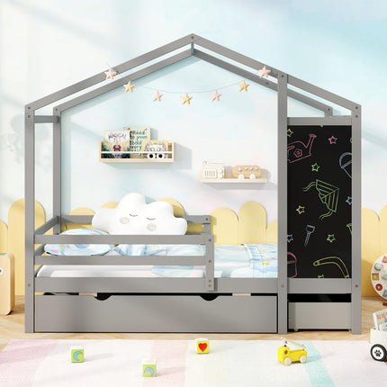 Dreamade Twin Bed with 2 Storage Drawers, Solid Wood House Bed with Blackboard & Safety Guardrails