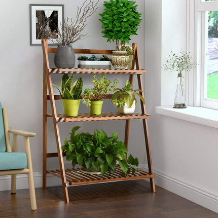 Dreamade 3 Tier Folding Storage Shelf, Bamboo Ladder Plant Stand