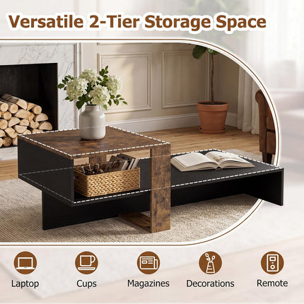 Dreamade 2-Tier Coffee Table | Modern Irregular Center Table with Open Storage Shelf