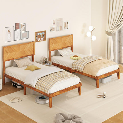 Dreamade Wood Twin Bed/Full Size Bed/Queen Bed Frames with Headboard, Solid Acacia Wood Platform Bed with 12 Strong Wooden Slat Support