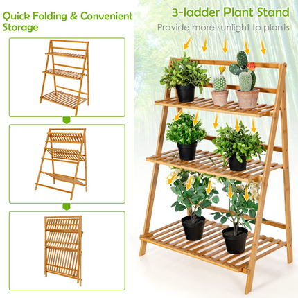 Dreamade 3 Tier Folding Storage Shelf, Bamboo Ladder Plant Stand
