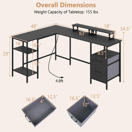 Dreamade 63" Reversible L Shaped Desk with Charging Station