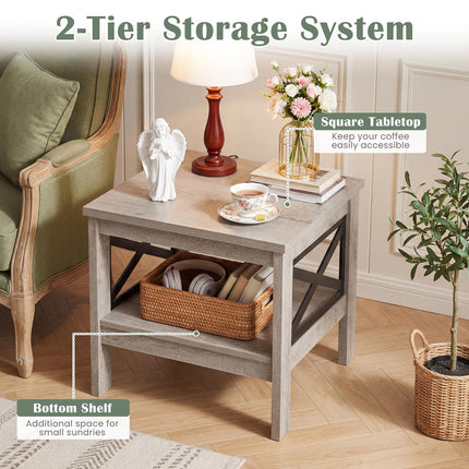 Dreamade 2-Tier Square End Table with Storage Shelf & X-Frame