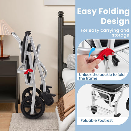 Dreamade Bedside Commode Wheelchair for Toilet - Foldable Shower Chair with Arms, Lockable Casters