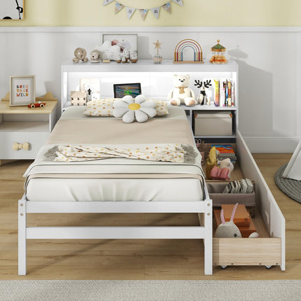 Dreamade Wood Twin Bed Frame with Storage Drawer & Headboard, Modern Platform Bed with Charging Station & LED Light